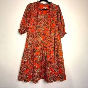 Nanette LePore Orange Paisley Dress w/ drawstring at ruffled neckline. Sz 4.